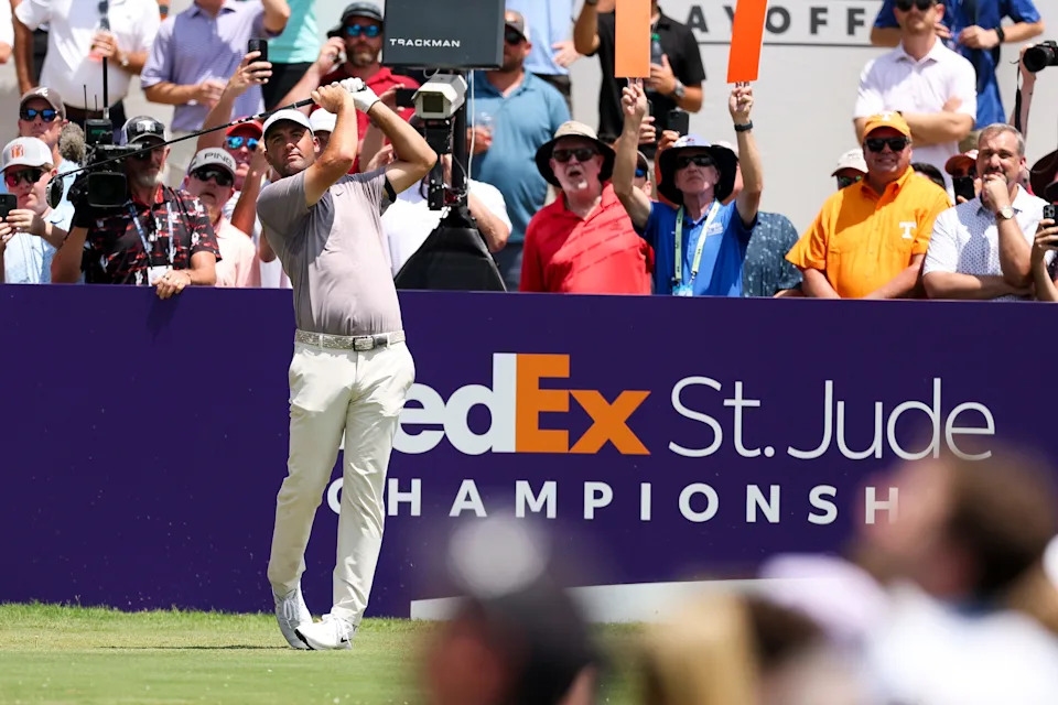 Scottie Scheffler hits a tee shot on the first hole during the final round of the FedEx St. Jude Championship 2025 at TPC Southwind on August 10, 2025 in Memphis, Tennessee.