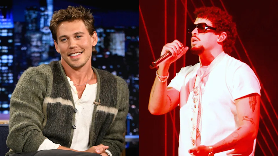 Austin Butler smiling on a talk show set, wearing a green sweater. Bad Bunny performing on stage, wearing sunglasses and a white outfit.