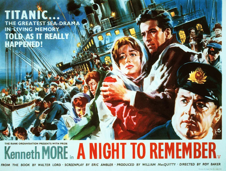 Vintage poster for "A Night to Remember," a film about the Titanic sinking, showing dramatic scenes of passengers and crew amidst the chaos
