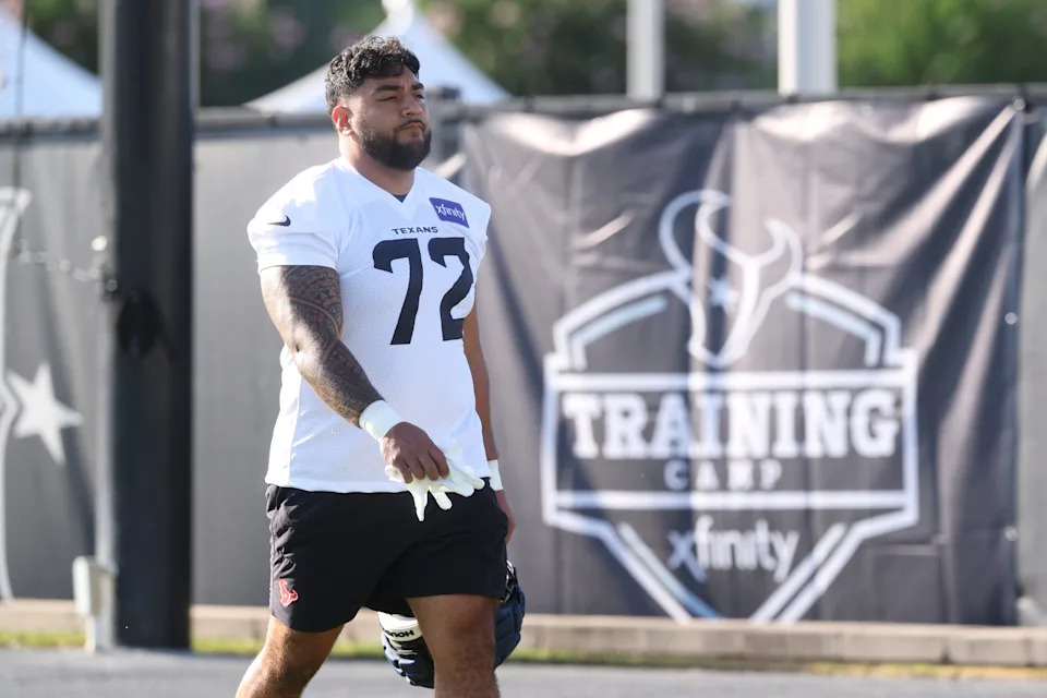 Jul 23, 2025; Houston, TX, USA; Houston Texans defensive tackle Tommy Togiai (72) during training camp at Houston Methodist Training Center. Mandatory Credit: Troy Taormina-Imagn Images
