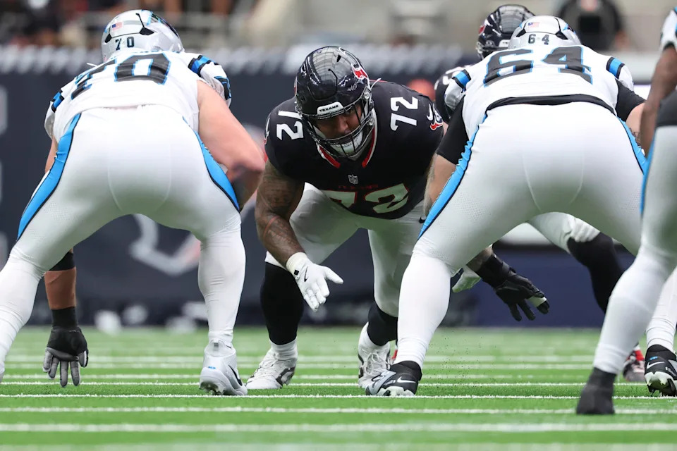 Aug 16, 2025; Houston, Texas, USA; Houston Texans defensive tackle Tommy Togiai (72) at the line of scrimmage during the game against the Carolina Panthers at NRG Stadium. Mandatory Credit: Troy Taormina-Imagn Images