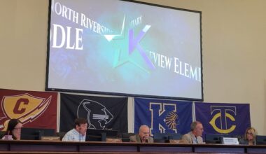 The dais at the Keller Education Center with a screen above the board members.