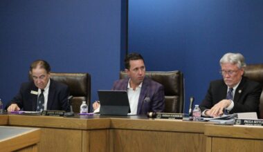 Pictured, during City Council's May 8 meeting, (left to right) is council member Mike Marshall, City Manager Jason Stuebe and Mayor Norman Funderburk.
