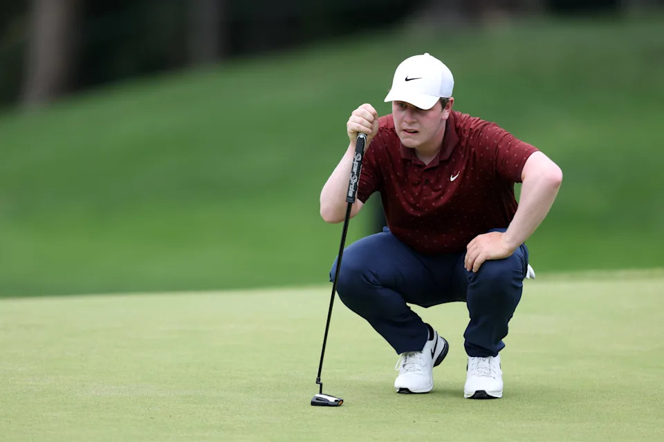 Robert MacIntyre lines up a putt on the fourth green during the first round of the 2025 BMW Championship at Caves Valley Golf Club.