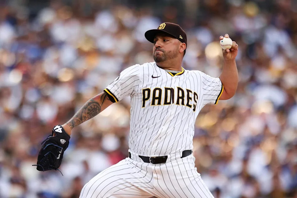 San Diego Padres starting pitcher Nestor Cortes delivers against the Dodgers in the third inning Saturday.