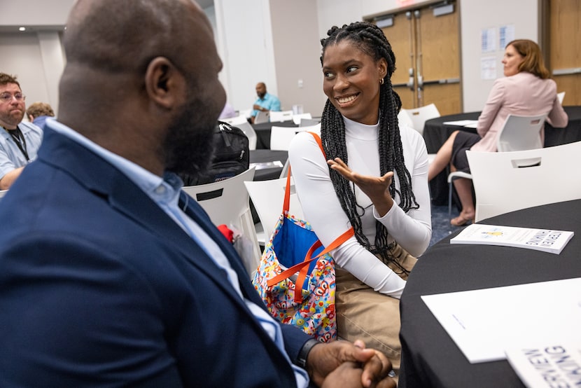 Dallas College Brookhaven student Emmanuella Iwuji practices interviewing with Ebenezer...