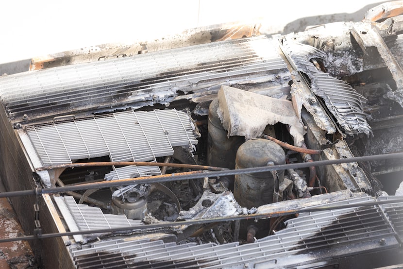 Damage on the top of a DART train that caught fire near the rail tunnel under Ross Avenue...