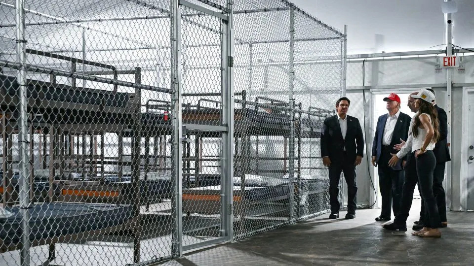Florida Gov. Ron DeSantis, from left, President President Donald Trump and Secretary of Homeland Security Kristi Noem tour "Alligator Alcatraz" Ochopee, Florida, on July 1. - Andrew Caballero-Reynolds/AFP/Getty Images