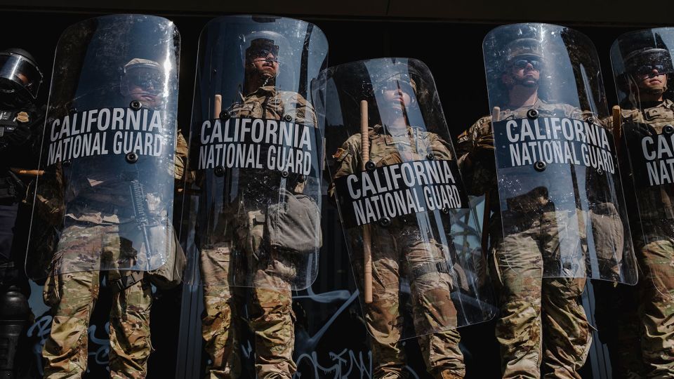National Guard troops stand outside the Edward Roybal Federal Building in Los Angeles on June 9. - Jim Vondruska/Getty Images/File