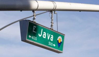 Sunnyvale, CA, USA - Feb 27, 2020: Closeup of the Java Drive sign outside Google Cloud campus in Sunnyvale, California. Google has been in a long-running legal case with Oracle over Java APIs.