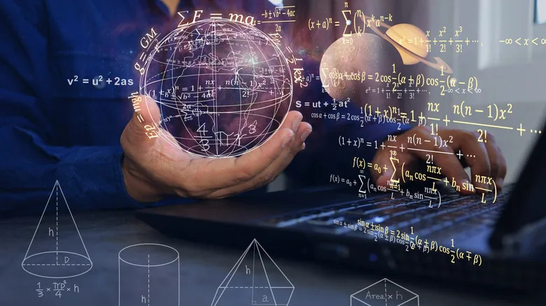 concept of a world and mathematics forming, hovering over a laptop
