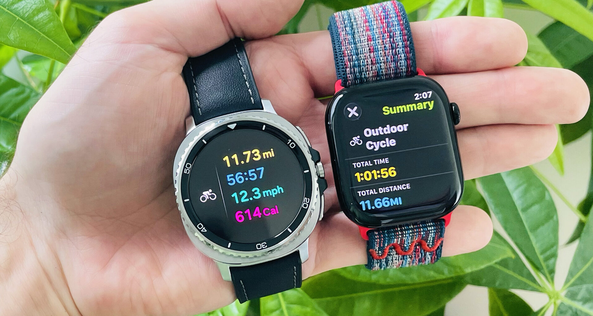 Close-up of the Apple Watch Series 10 and Samsung Galaxy Watch 8 Classic in a user's hand showing the results of a logged bike ride