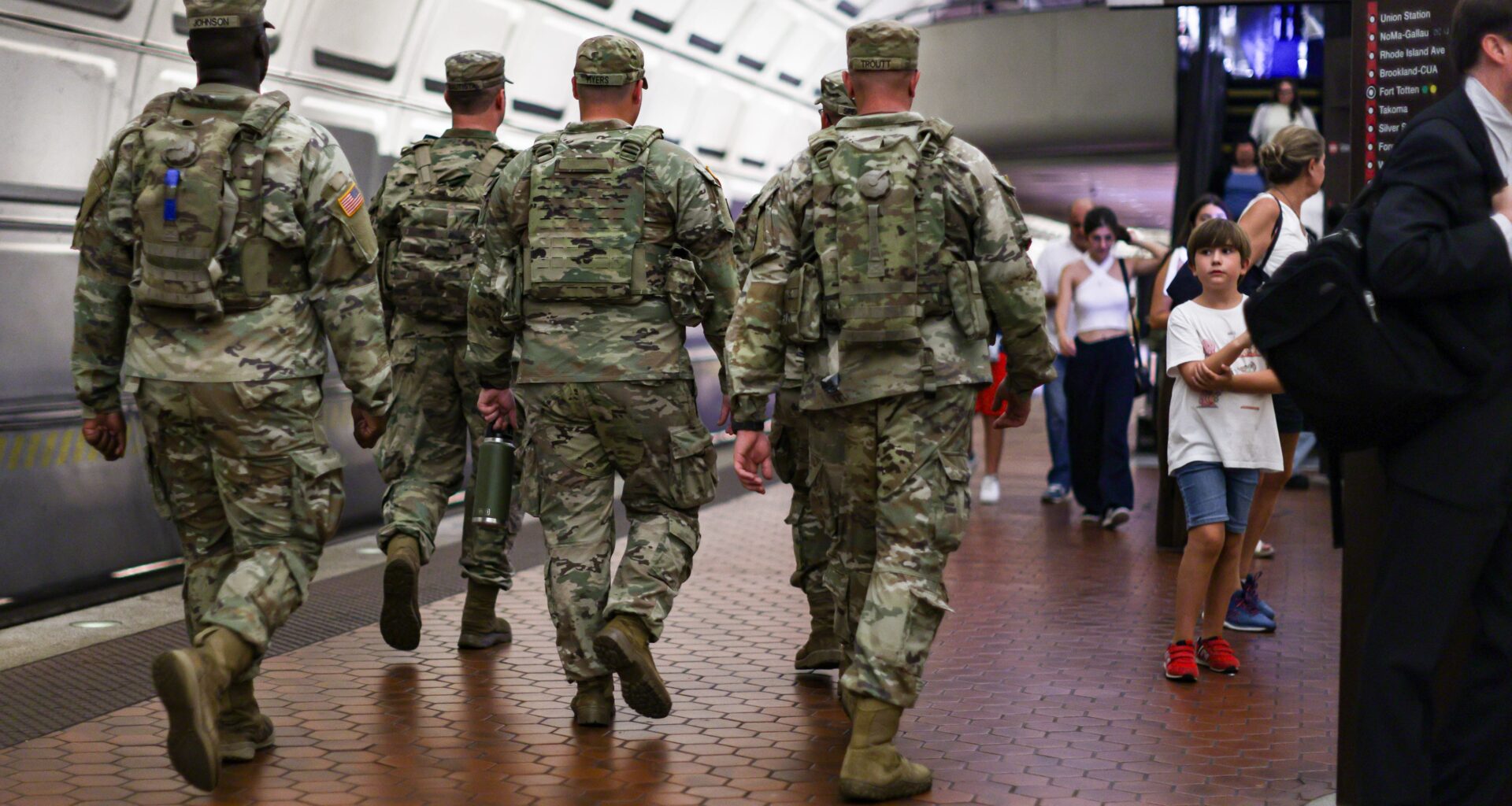 Members of the National Guard patrol the Union Station metro station in Washington on Aug. 20.