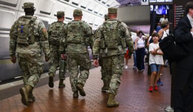 Members of the National Guard patrol the Union Station metro station in Washington on Aug. 20.