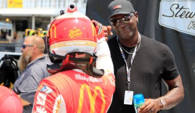 An image of 23XI owner Michael Jordan with driver Bubba Wallace