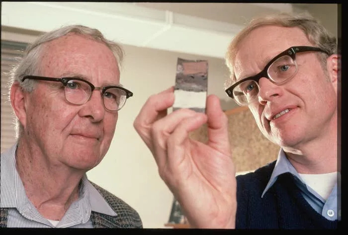 Two men in glasses examine a rock sample closely, suggesting a scientific or geological study setting