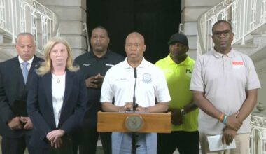 This image taken from video provided by the New York Police Department shows mayor Eric Adams speaking during a news conference in New York on Aug. 17.