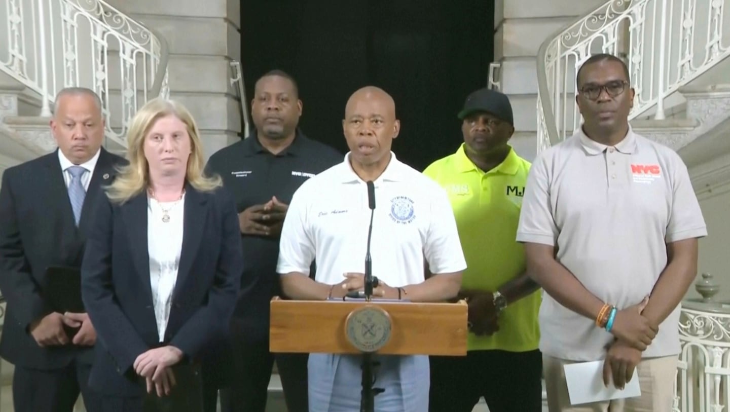 This image taken from video provided by the New York Police Department shows mayor Eric Adams speaking during a news conference in New York on Aug. 17.
