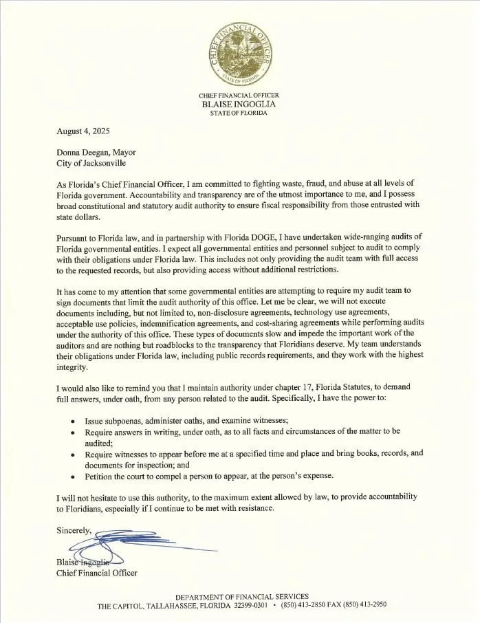 Florida CFO Blaise Ingoglia sent a letter to Jacksonville Mayor Donna Deegan on Monday, August 4, 2025.