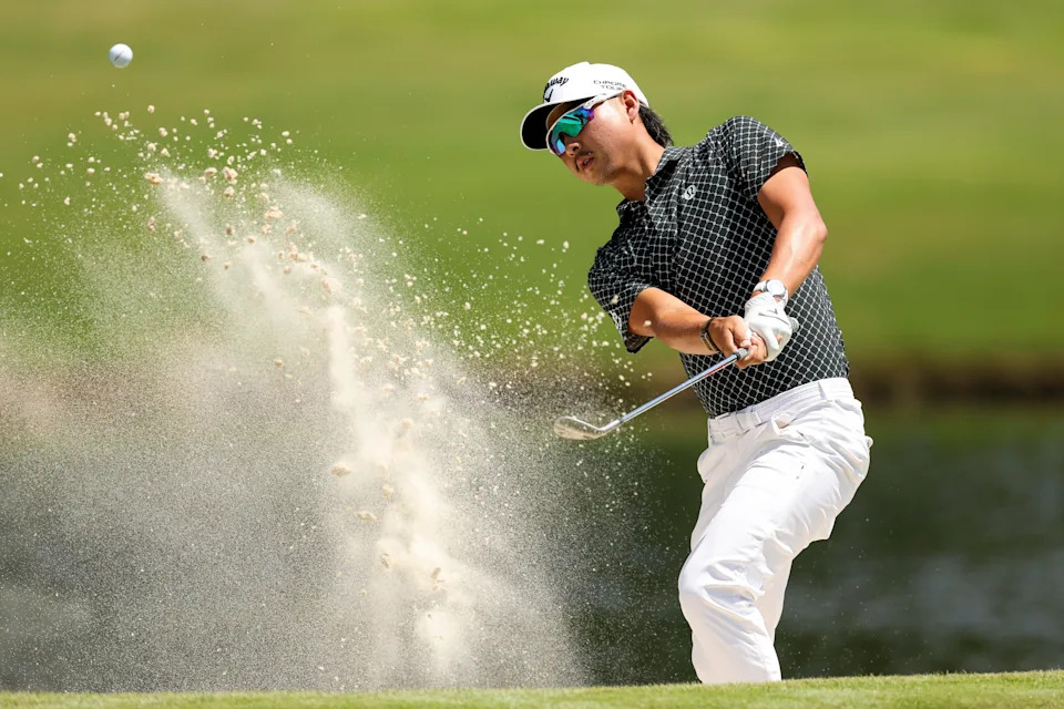 Min Woo Lee of Australia hits out of a greenside bunker on the 11th hole during the third round of the FedEx St. Jude Championship 2025 at TPC Southwind on August 09, 2025 in Memphis, Tennessee.