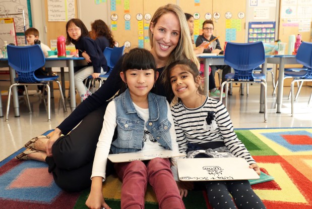 Principal Jessica Orleans is pictured with students at The River School P.S. 281 in this file photo. (Photo by Andrew Schwartz)