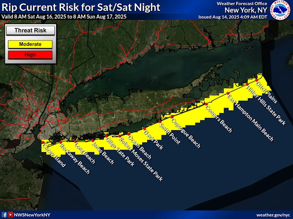 According to a forecast hazard map issued by the National Weather Service Thursday, Aug. 14, there's a "moderate" risk for "life-threatening rip currents in the surf zone" along Long Island's South Shore on Saturday, Aug. 16.