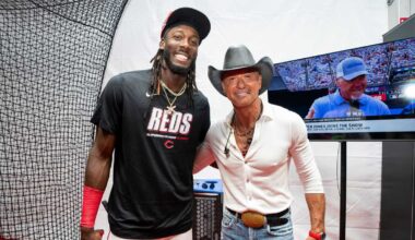Elly De La Cruz tries his hand at pitching to country star Tim McGraw during Speedway Classic