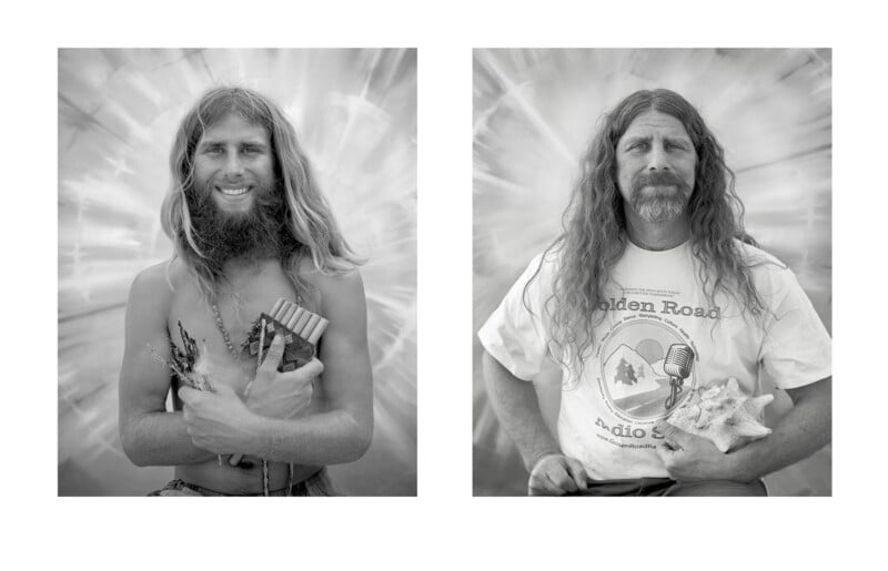 Two black-and-white portraits of the same long-haired, bearded man. In the left image, he smiles shirtless, holding a pan flute and leaves. In the right, he is serious, wearing a T-shirt and holding a conch shell.