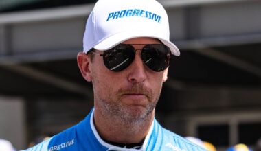 An image of NASCAR Cup Series star Denny Hamlin looking unhappy