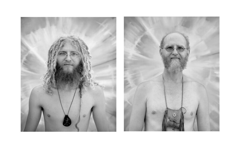 Two black-and-white portraits of shirtless men wearing necklaces, each standing against a radiating, light-colored background. The man on the left has light dreadlocks; the man on the right is older with glasses and thinning hair.