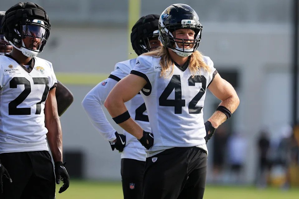 Jacksonville Jaguars safety Andrew Wingard (42) looks on during an NFL training camp session at the Miller Electric Center, Friday, July 25, 2025, in Jacksonville, Fla. [Corey Perrine/Florida Times-Union]