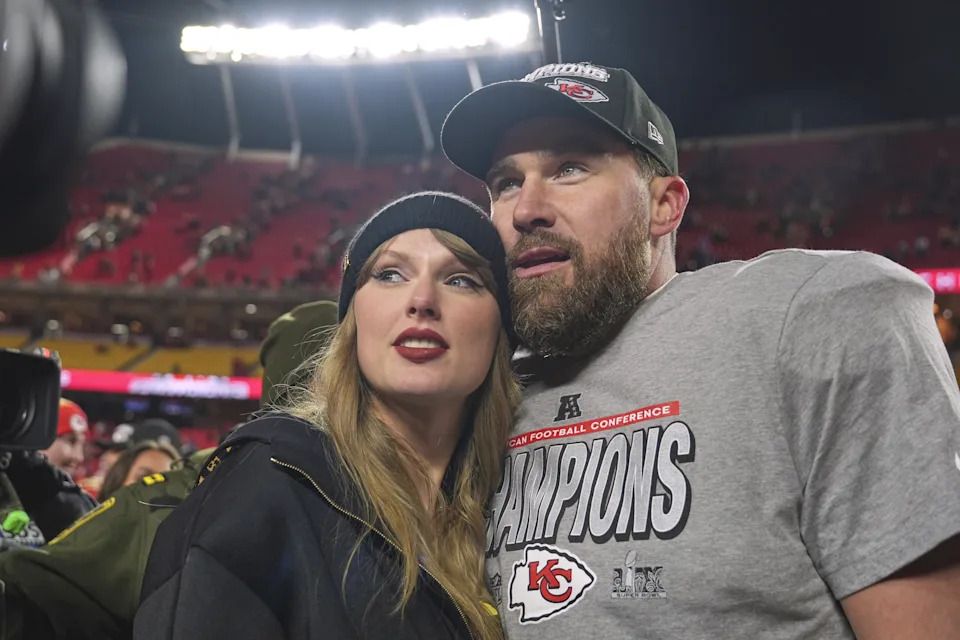 Taylor Swift joins Travis Kelce on the field after Kansas City Chiefs defeated the Buffalo Bills in the AFC Championship game in Kansas City, Mo., Jan. 26, 2025. (Charlie Riedel/AP)