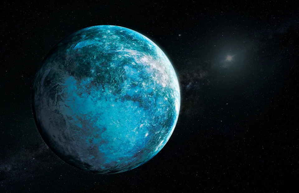 A digitally rendered planet with a textured surface in space, set against a backdrop of distant stars and galaxies