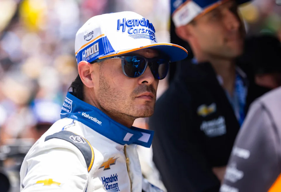 May 23, 2025; Indianapolis, IN, USA; IndyCar Series driver Kyle Larson (17) during final practice on Carb Day for the Indianapolis 500 at Indianapolis Motor Speedway. Mandatory Credit: Mark J. Rebilas-Imagn Images© Mark J&period; Rebilas-Imagn Images