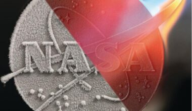 A metallic cast of the NASA insignia. Half of the disk is silver, while the other half is ablaze, subjected to high heat.