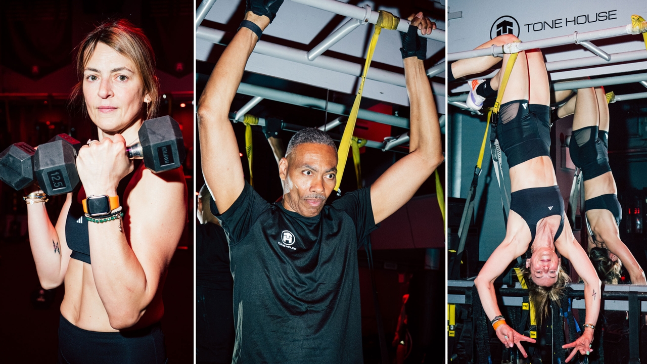 (L-R) Afroditi Lishman and Crawford lifting weights and doing arm and leg exercises on the bar at Tone House.