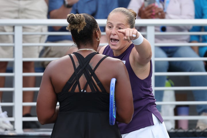 NEW YORK, NEW YORK - AUGUST 27: Jelena Ostapenko of Latvia (R) argues with Taylor Townsend of the United States (L) following their Women's Singles Second Round match on Day Four of the 2025 US Open at USTA Billie Jean King National Tennis Center on August 27, 2025 in the Flushing neighborhood of the Queens borough of New York City. (Photo by Clive Brunskill/Getty Images)