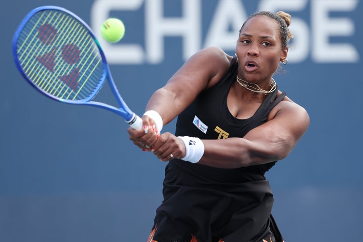NEW YORK, NEW YORK - AUGUST 27: Taylor Townsend of the United States returns against Jelena Ostapenko of Latvia during their Women's Singles Second Round match on Day Four of the 2025 US Open at USTA Billie Jean King National Tennis Center on August 27, 2025 in the Flushing neighborhood of the Queens borough of New York City. (Photo by Clive Brunskill/Getty Images)