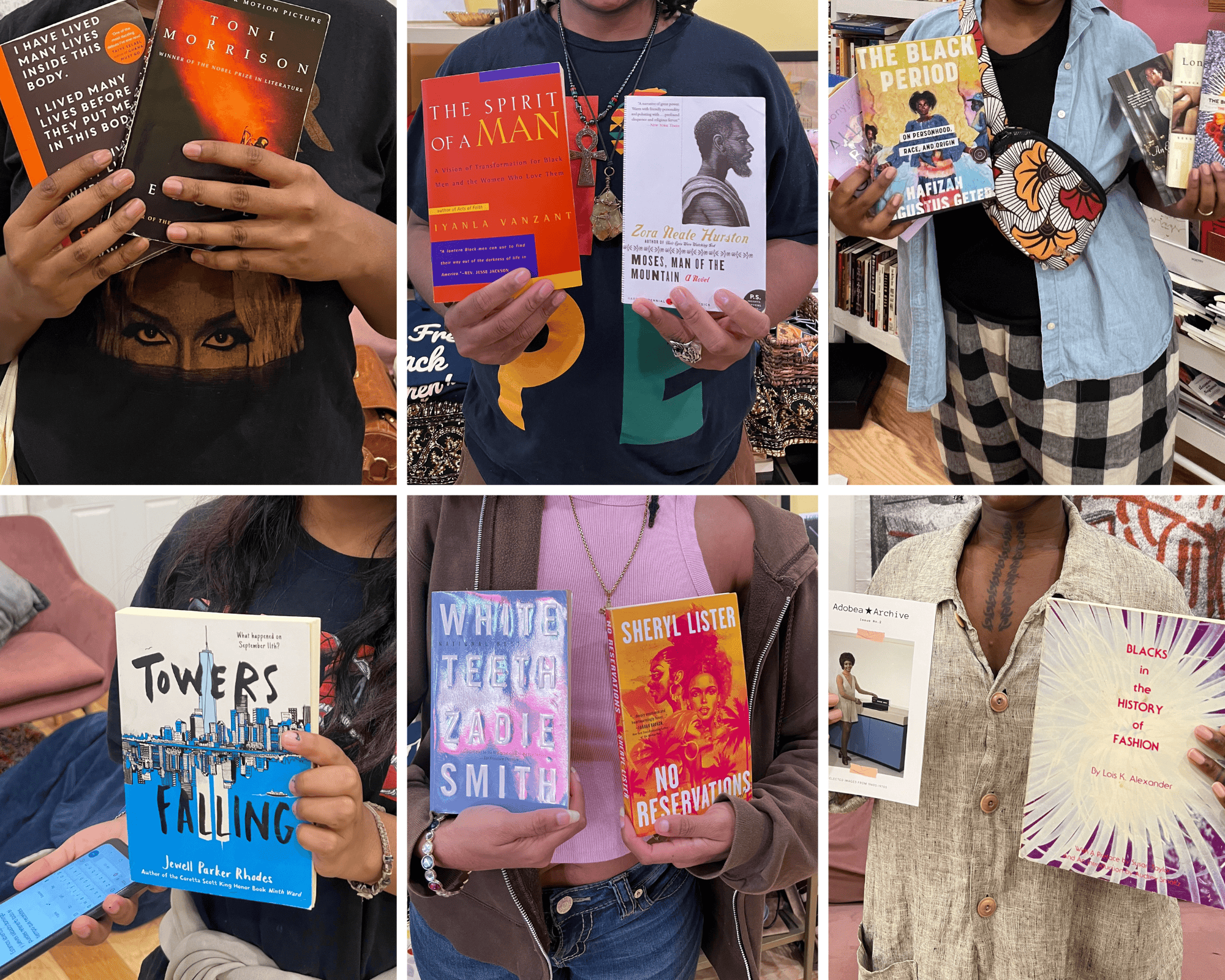 Collage of people holding books
