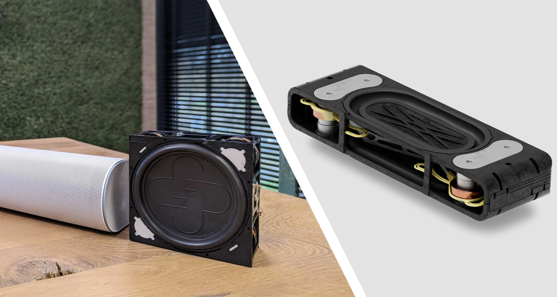 Two versions of the Sonos Sound motion speaker driver – an early concept on the left, and the final version on the right