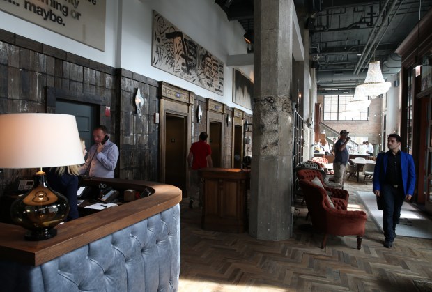 The ground floor lobby of Soho House Chicago, a hotel and private club, in the 1908 Allis Building. (Terrence Antonio James/Chicago Tribune)