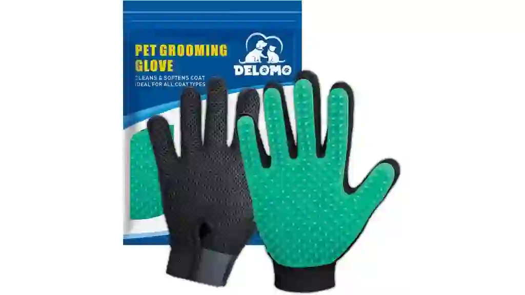 DELOMO Pet Hair Remover Gloves, 255 Tips, Deshedding Glove for Dog and Cat, Gentle De-Shedding Glove Brush, Green, 2 Count