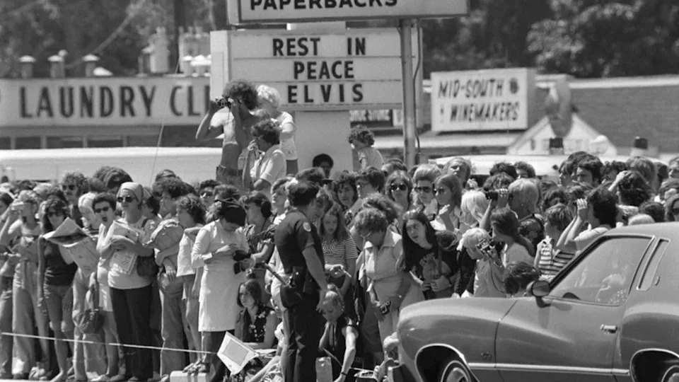 <div>FILE - Funeral of Elvis Presley in Memphis (Tennessee), United States on August 18, 1977. (Photo by Gilbert UZAN/Gamma-Rapho via Getty Images)</div>