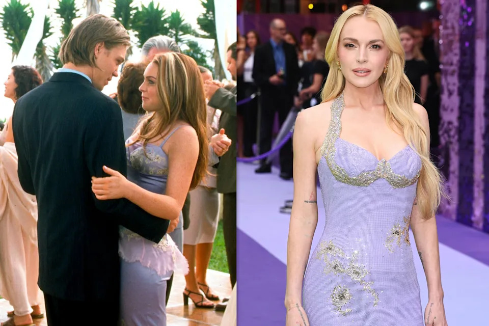 Left: Chad Michael Murray and Lindsay Lohan in 2003's Freaky Friday, left, and Lindsay Lohan promoting 2025's Freakier Friday at the U.K. premiere.