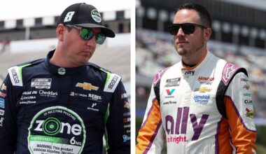 William Byron (24), crew members and sponsors pose for pictures after the NASCAR Cup Series Iowa Corn 350 on Aug. 3, 2025, at Iowa Speedway in Newton, Iowa. Byron (24) finished the race first.