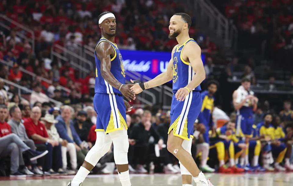 Golden State Warriors guard Stephen Curry (30) and forward Jimmy Butler III (10).Credit&colon; Troy Taormina-Imagn Images