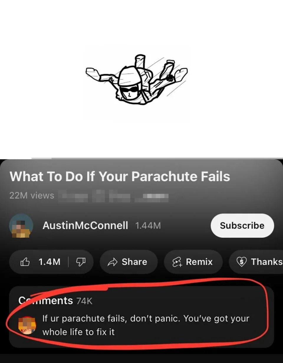 Illustration of a skydiver; humorous comment about fixing a parachute failure highlights its irony