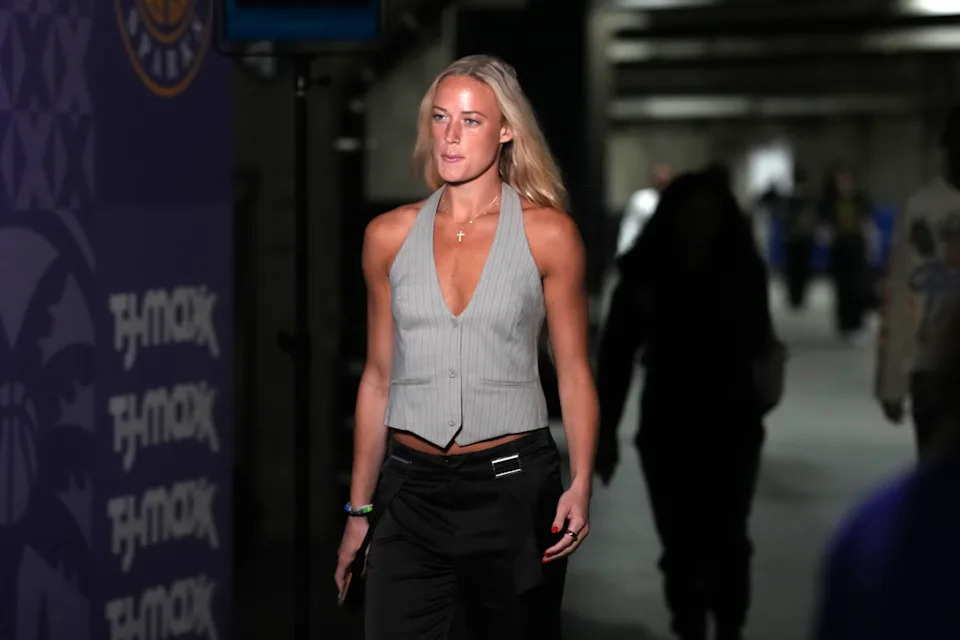 Aug 5, 2025; Los Angeles, California, USA; Indiana Fever guard Sophie Cunningham arrives before the game against the LA Sparks at the Crypto.com Arena.Kirby Lee-Imagn Images&period;