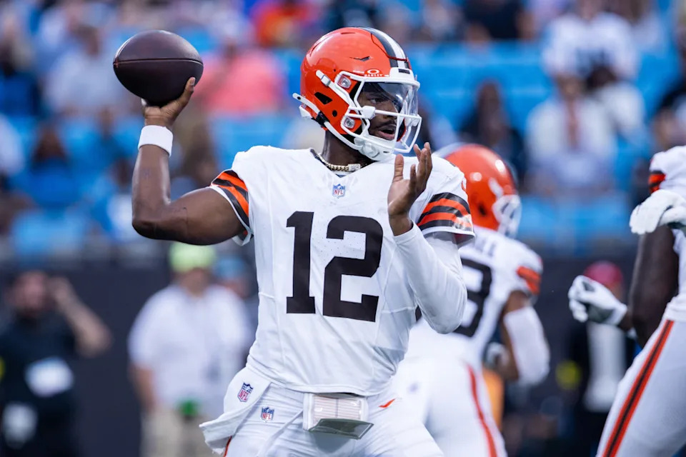 Aug 8, 2025; Charlotte, North Carolina, USA; Cleveland Browns quarterback Shedeur Sanders (12) throws against the Carolina Panthers during the second quarter at Bank of America Stadium.Scott Kinser-The USAToday Network via Imagn Images&period;