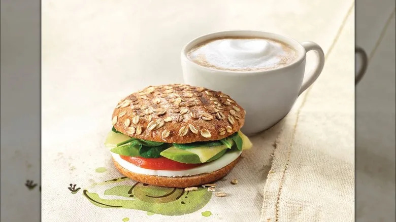 Breakfast sandwich made using bagel flat, with coffee